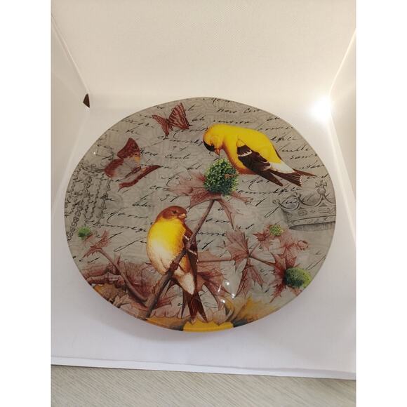 GLASS PLATTER-NOTIONS-"Goldfinch"-Ruffled Edges-Large 14" Diameter-Birds - Picture 9 of 13